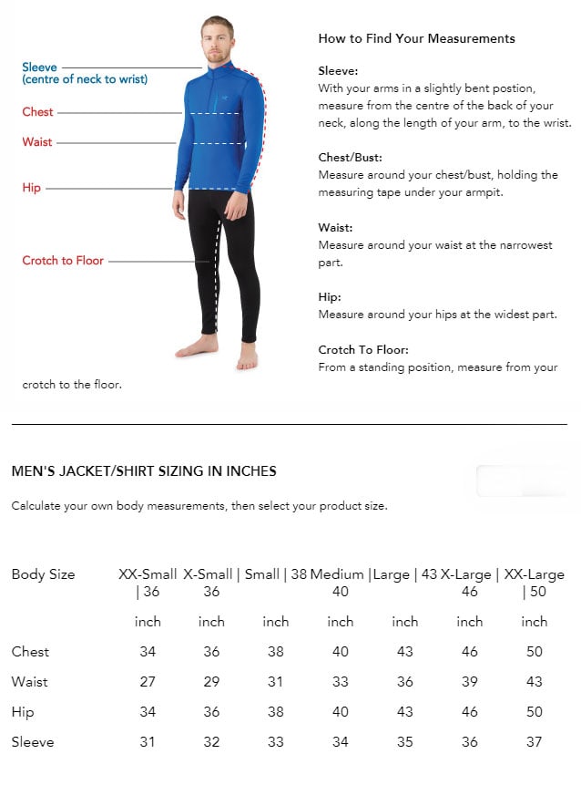 Sizing chart for Men's Cerium LT Hoody CLEARANCE (Used).