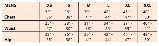Sizing chart for Men's Shovelhead Jacket.