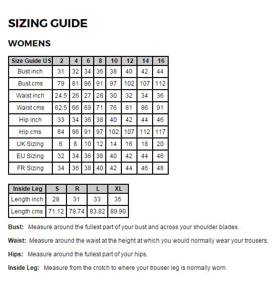 Sizing chart for Women's NosiLife Aurora Long Skirt/Dress.