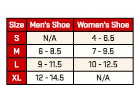 Sizing chart for Damascus Light Targeted Cushion Low Cut.