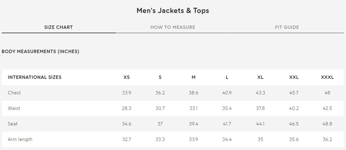 Sizing chart for Men's SkogsO Padded Jacket (Clearance).
