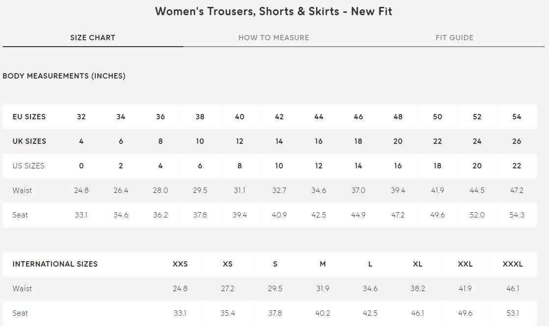 Sizing chart for Women's Keb Agile Trousers.