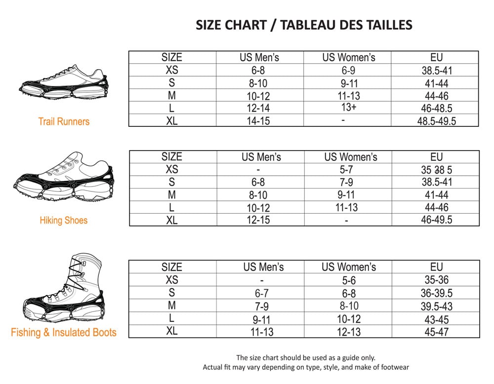 Sizing chart for Trail Crampon Ultra.