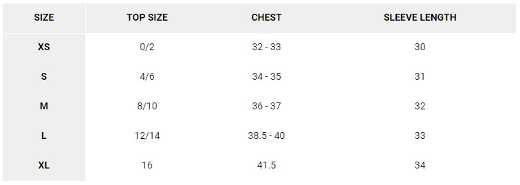 Sizing chart for Women's Stretchdown Hoody.