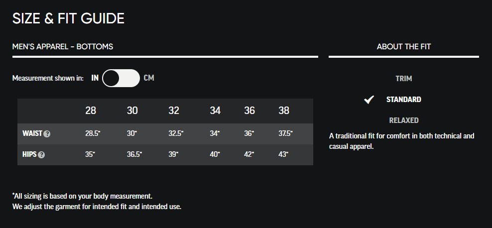 Sizing chart for Men's Ferrosi Pants.