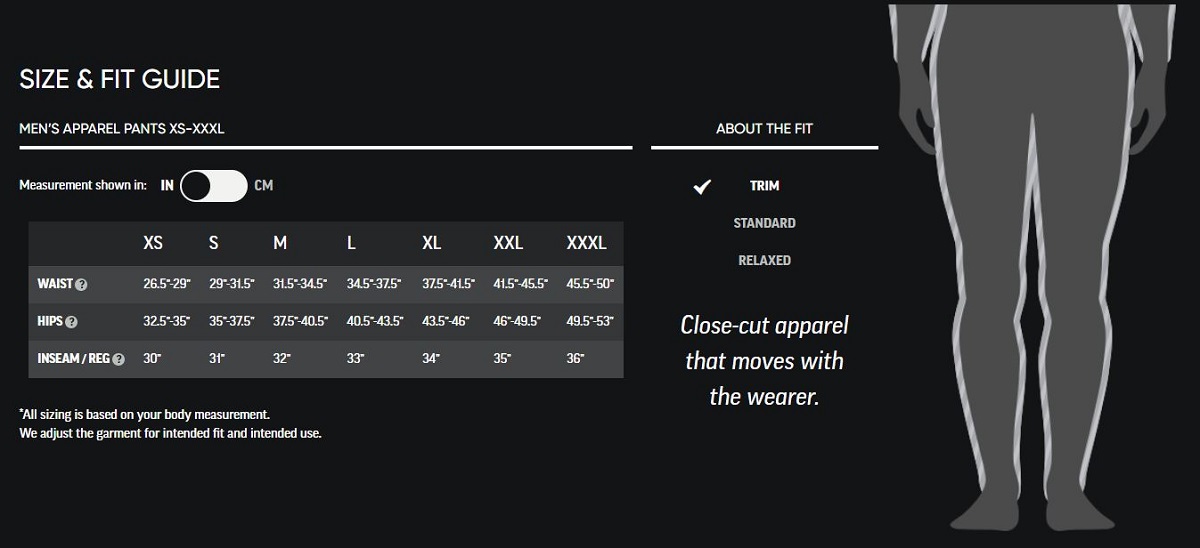 Sizing chart for Men's Vigor Bottoms (Used).