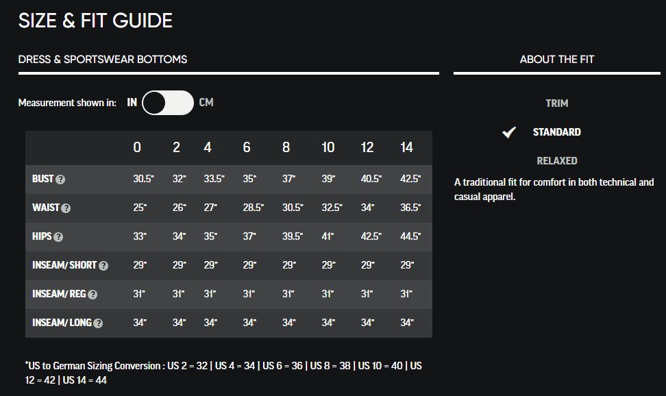 Sizing chart for Women's Method Cord Shorts (Used).