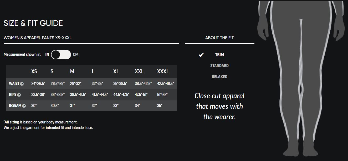 Sizing chart for Women's Methow Leggings (Clearance).