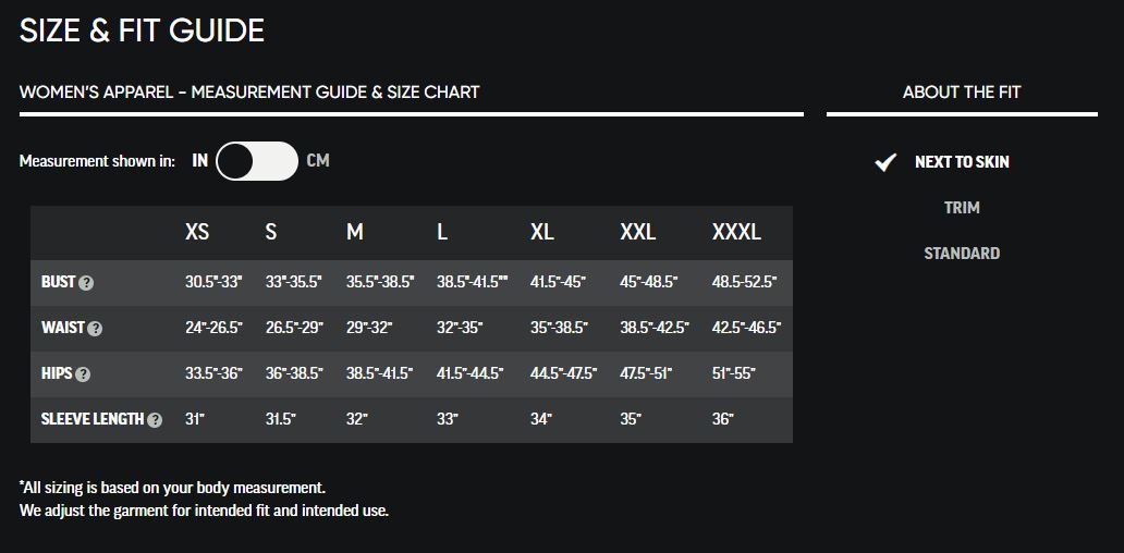 Sizing chart for Women's Alpine Onset Merino 150 Hoodie (Clearance).