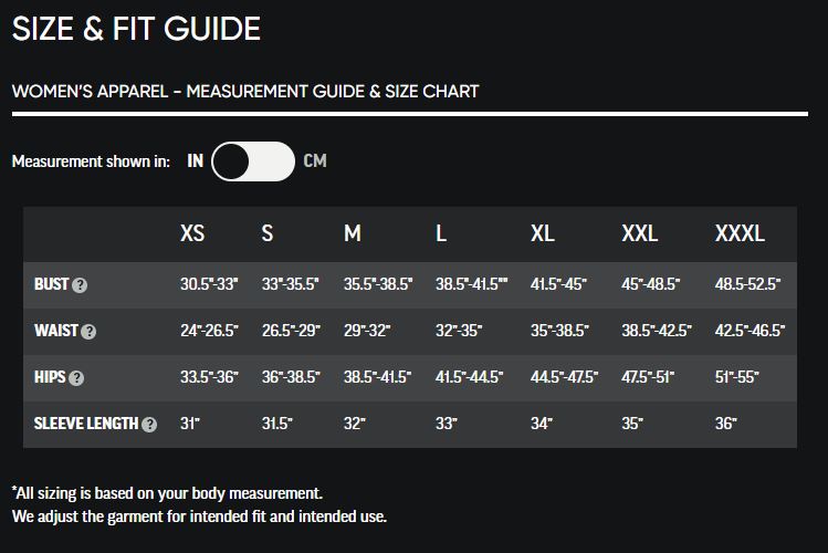 Sizing chart for Women's Snowcrew Jacket.