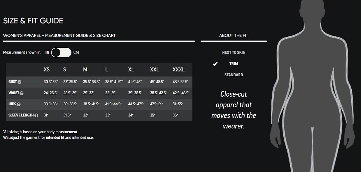 Sizing chart for Women's Echo T-Shirt.
