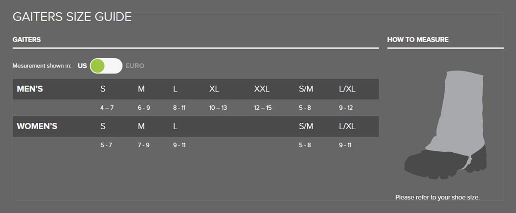 brogini gaiters size chart
