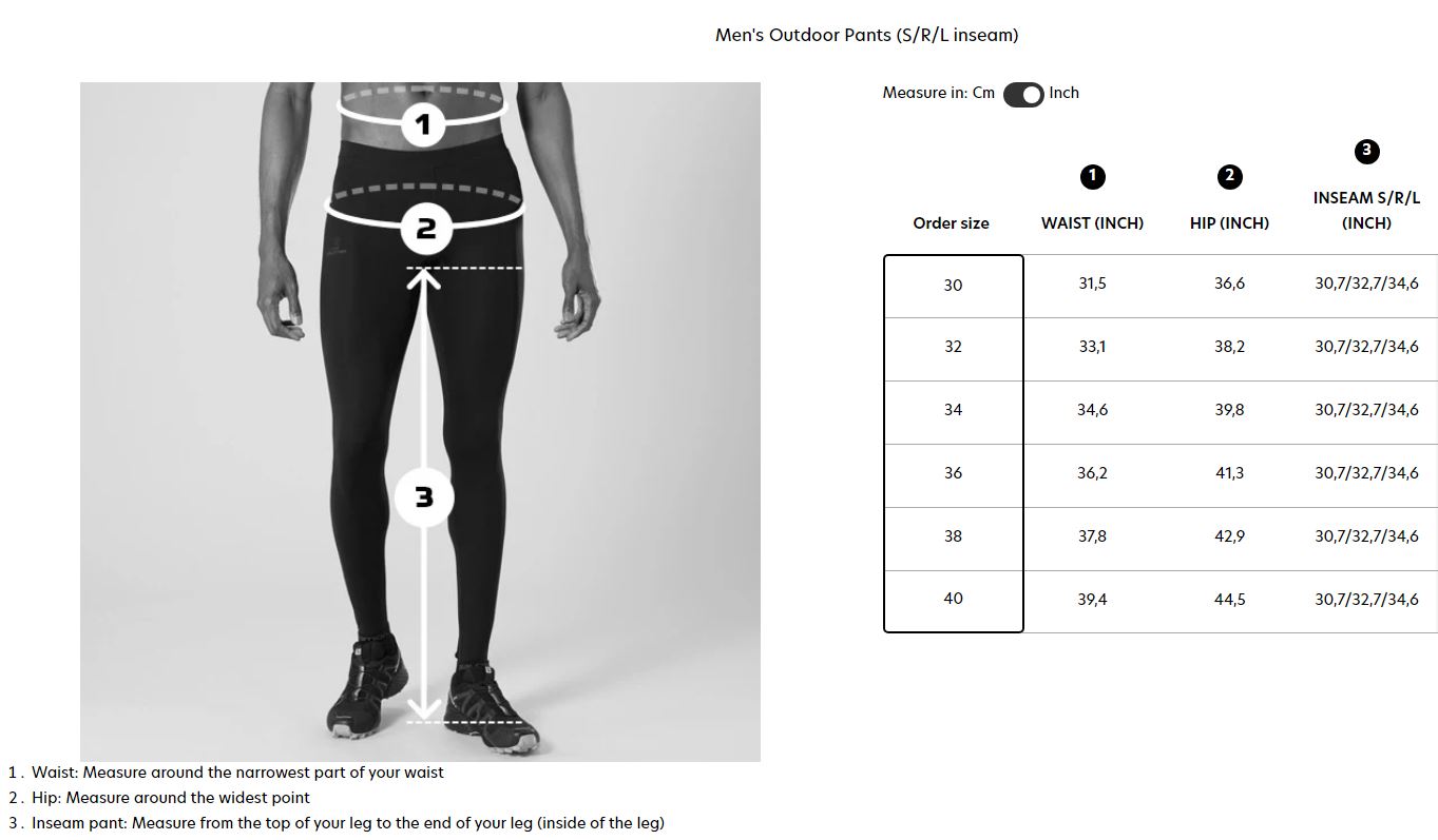 Sizing chart for Men's Wayfarer Pants.