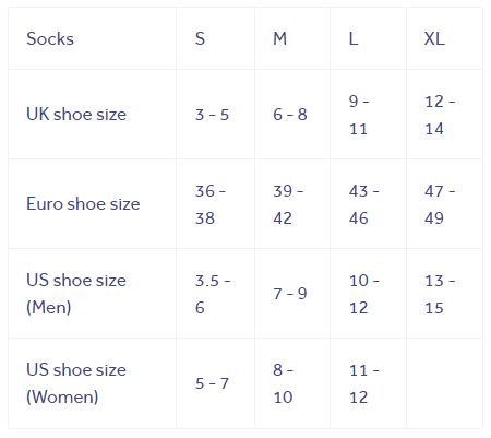Sizing chart for Waterproof All Weather Mid Length Sock (Used).
