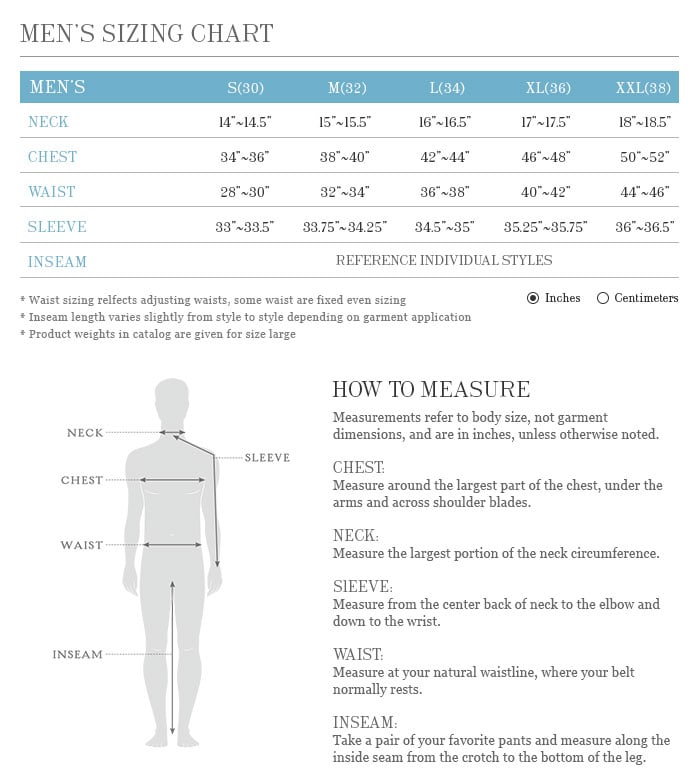 Sizing chart for Men's Khumbu Pant (Used).