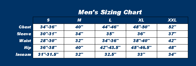 Sizing chart for Men's Borrego Hybrid Jacket (Clearance).