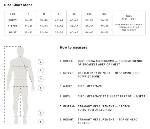 Sizing chart for C-Suite Men's Fusion Pant.