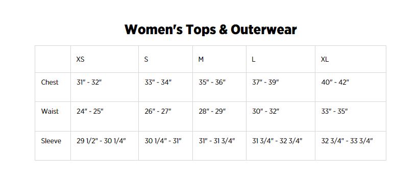 Sizing chart for Women's Subalpine Fleece.